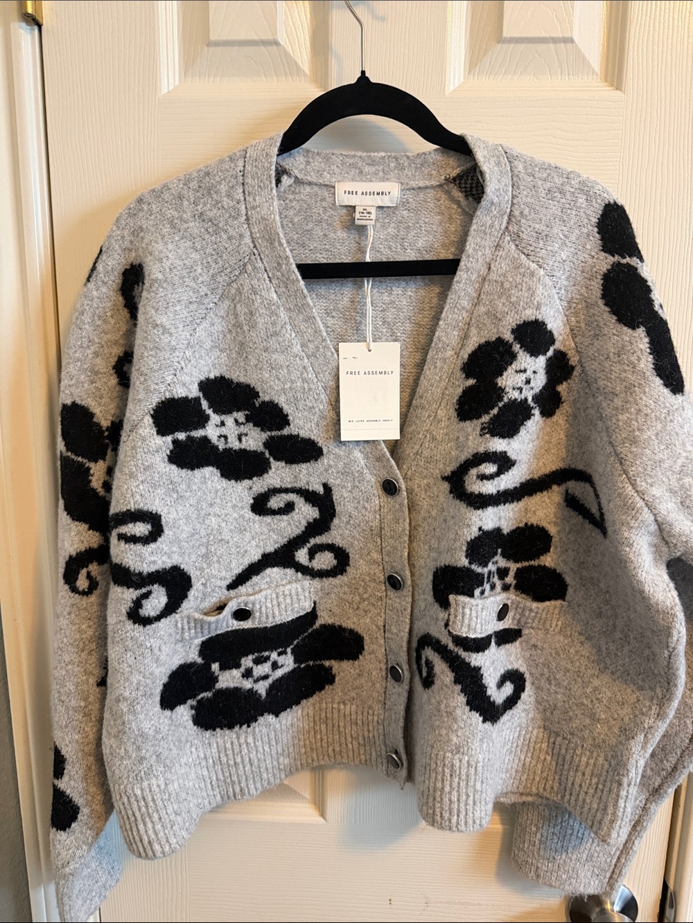 Free Assembly Gray Floral Button-Up Cardigan Sweater